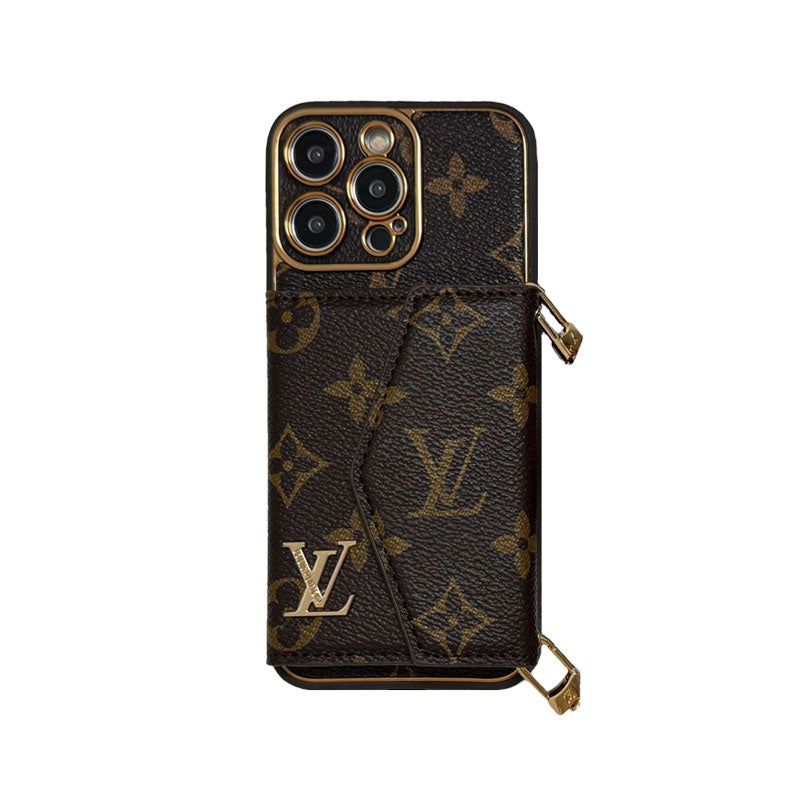 Monogram iPhone Case with Wallet and Strap Brown Large Print