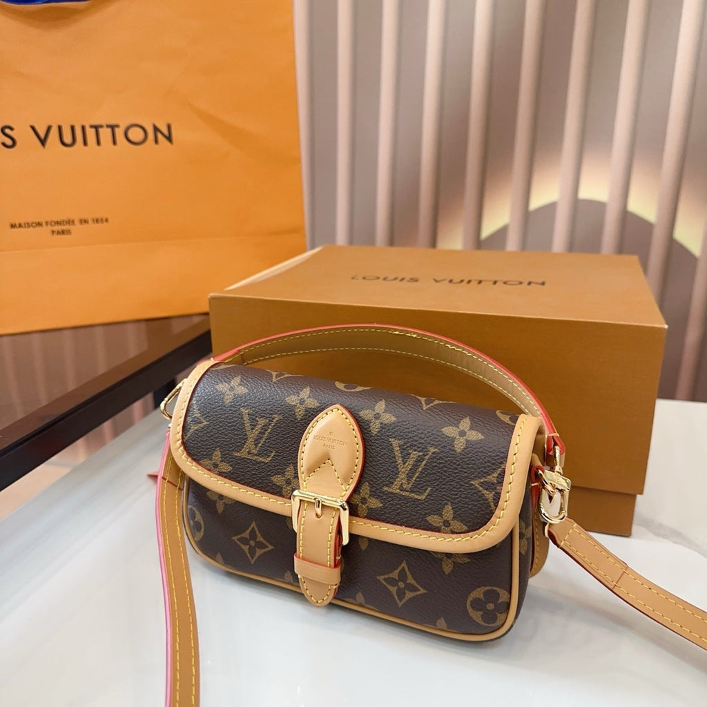 LV Diane PM Monogram Canvas Shoulder Crossbody Bag with Leather Trim and Adjustable Strap