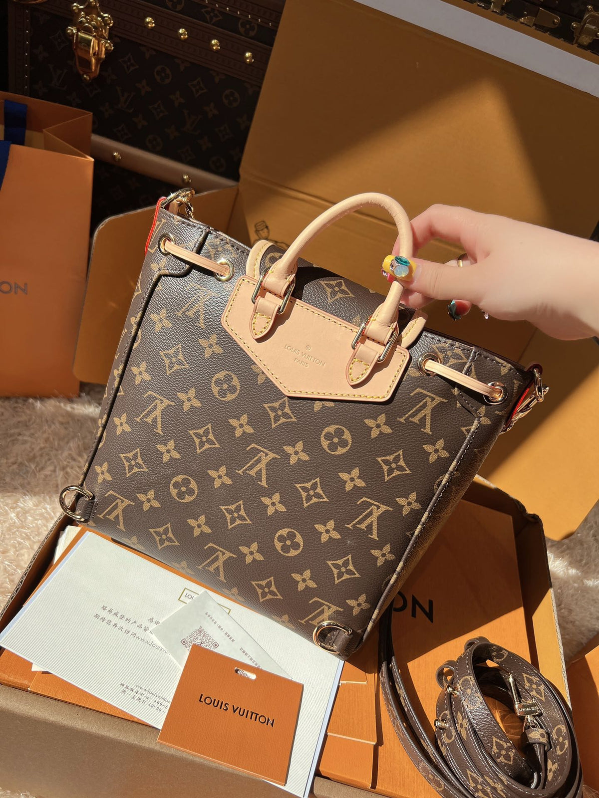 LV Excursion PM Monogram Canvas Backpack Shoulder Bag with Leather Trim and Drawstring Closure
