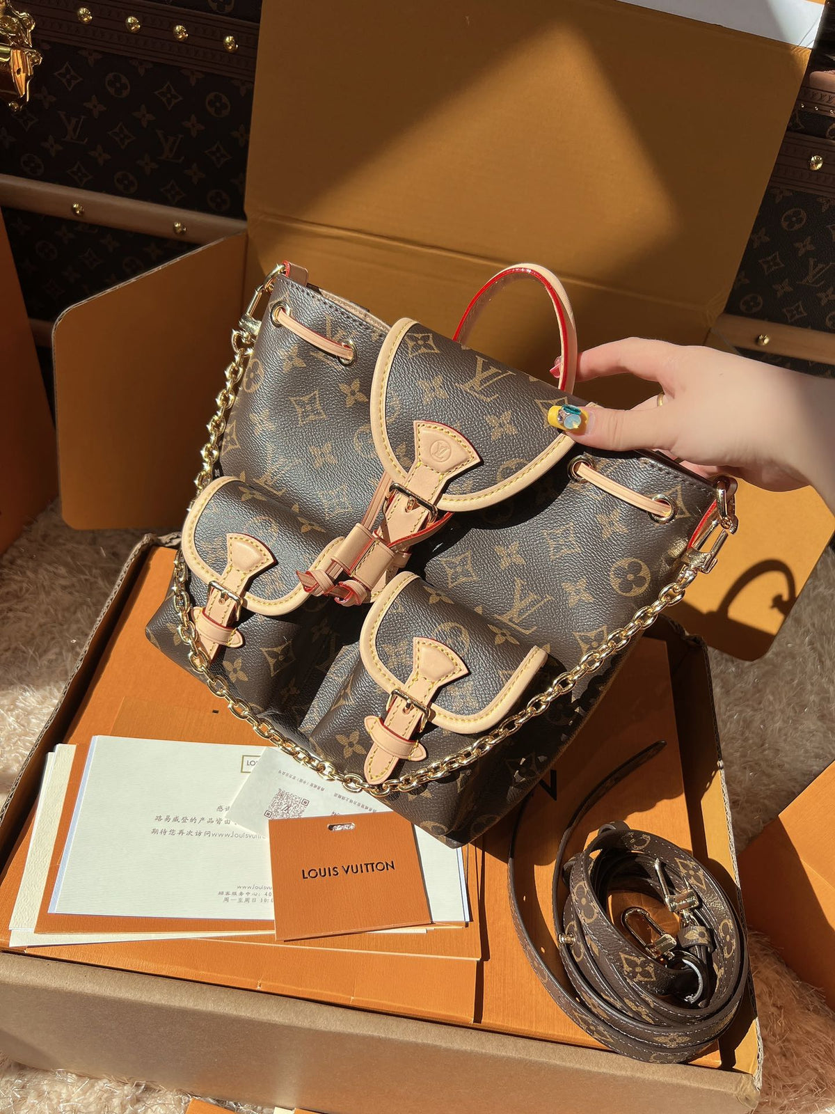 LV Excursion PM Monogram Canvas Backpack Shoulder Bag with Leather Trim and Drawstring Closure