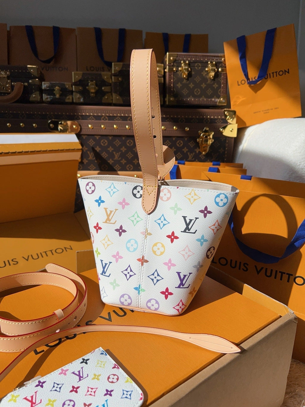 LV Neverfull MM Multicolor Monogram Canvas Tote Handle Bag with Leather Trim and Pouch