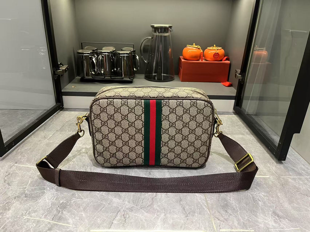 Gucci Ophidia Medium GG Supreme Canvas Shoulder Crossbody Bag with Web Stripe and Leather Trim