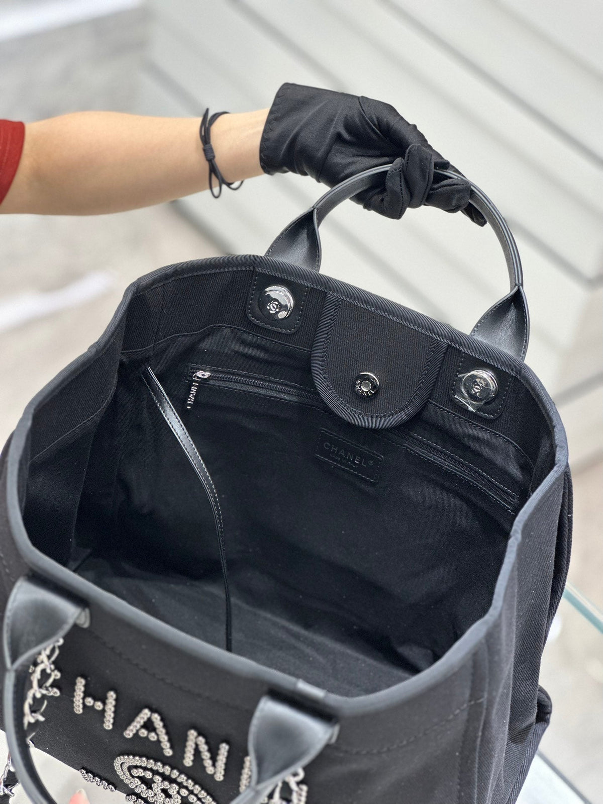 Chanel Natural Canvas and Black Leather Large Pearl Deauville Tote