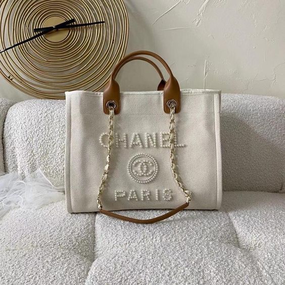 Chanel Pearl Deauville Tote Bag in Beige - White
