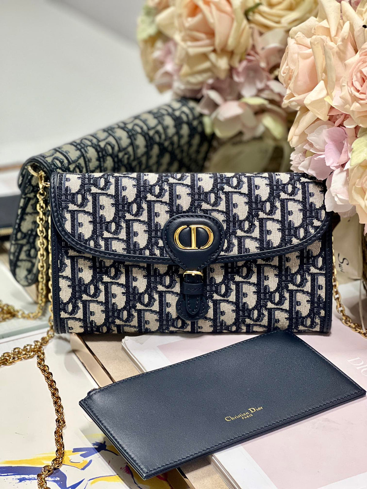 Dior Bobby Wallet On Chain East West Blue Oblique Jacquard