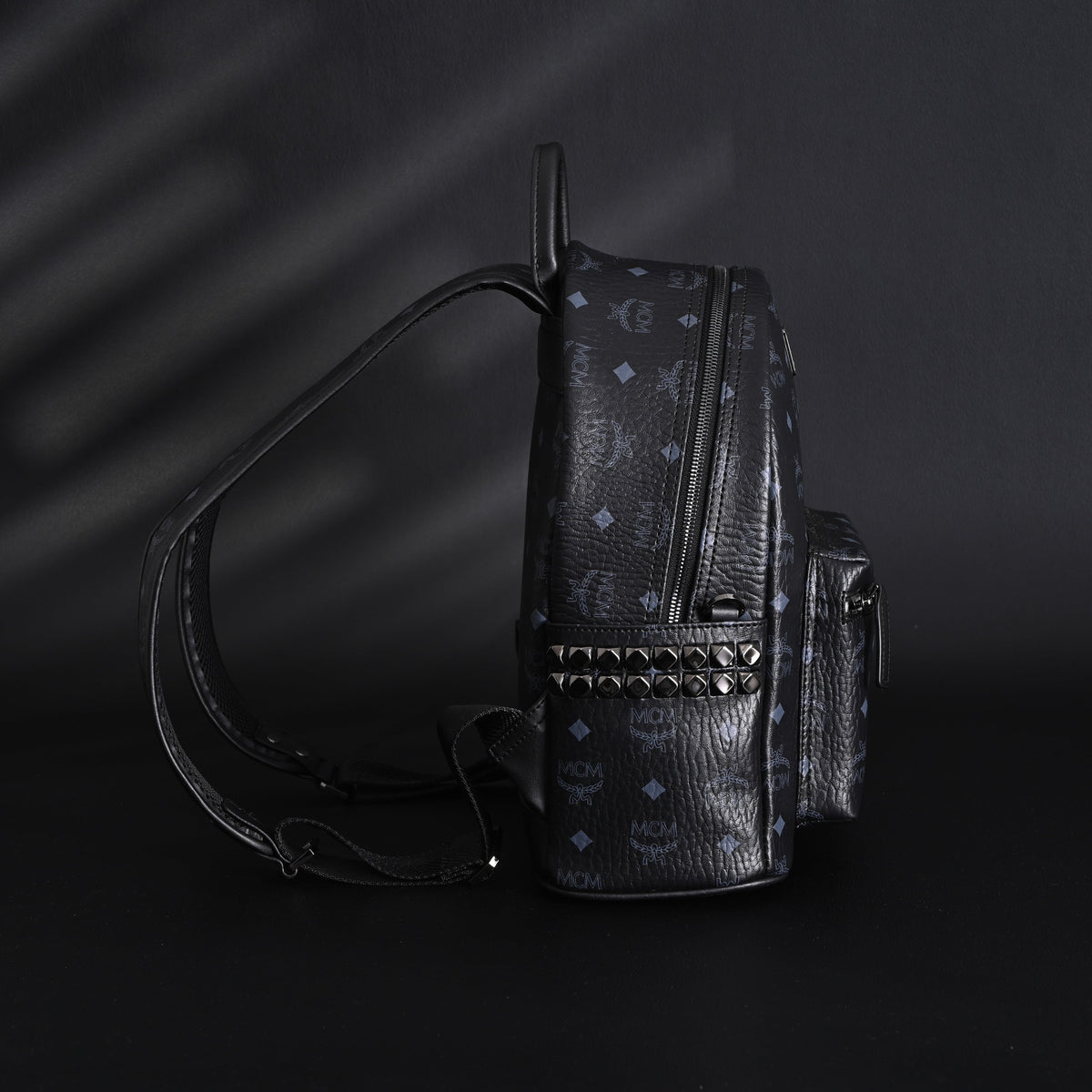 Mcm Stark Visetos Medium Backpack – Black Monogram with Studded Detailing - Black Monogram Print