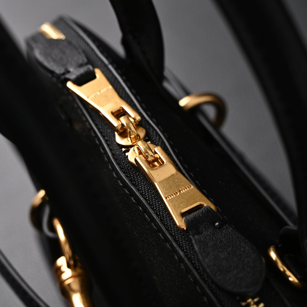 Miu Miu Black Leather Satchel Bag – Medium Structured Tote - Black with Gold-Tone Accents