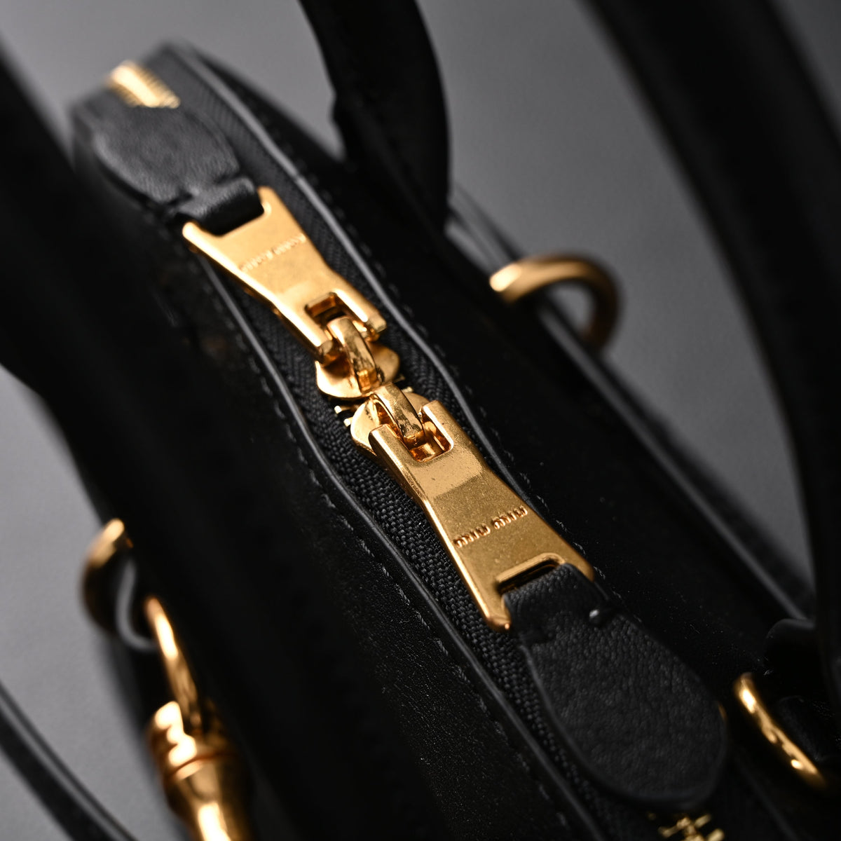 Miu Miu Black Leather Satchel Bag – Medium Structured Tote - Black with Gold-Tone Accents