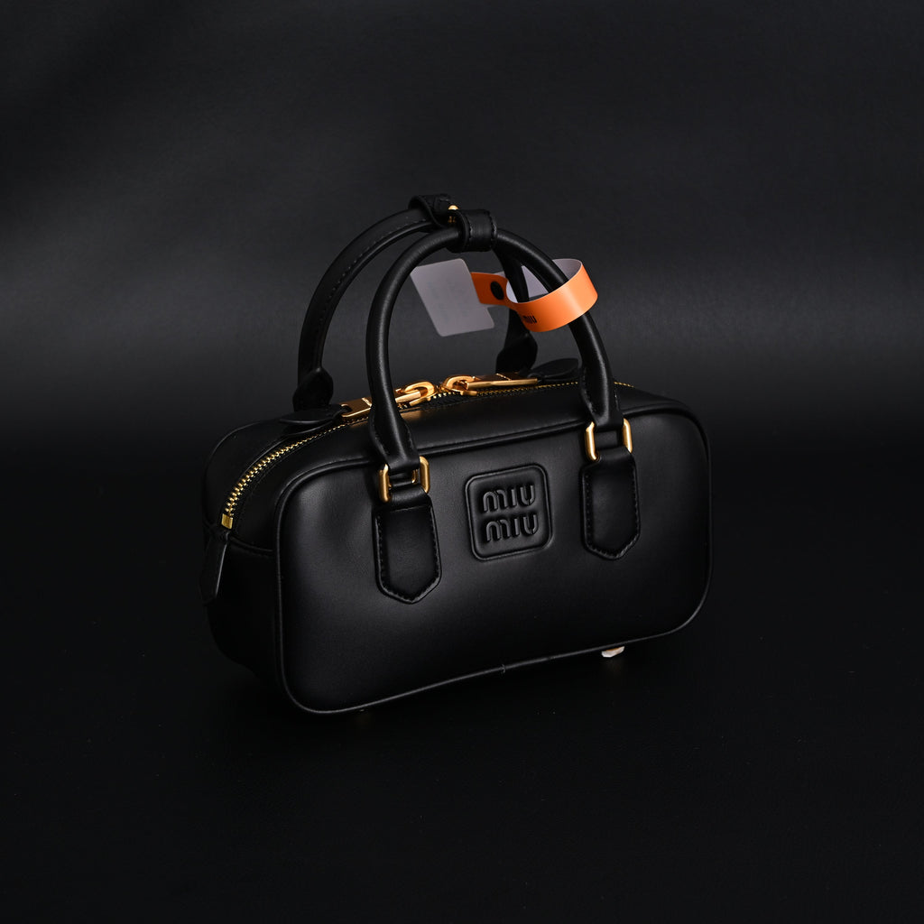 Miu Miu Black Matelassé Leather Satchel Bag – Mini Top Handle - Black with Gold-Tone Accents
