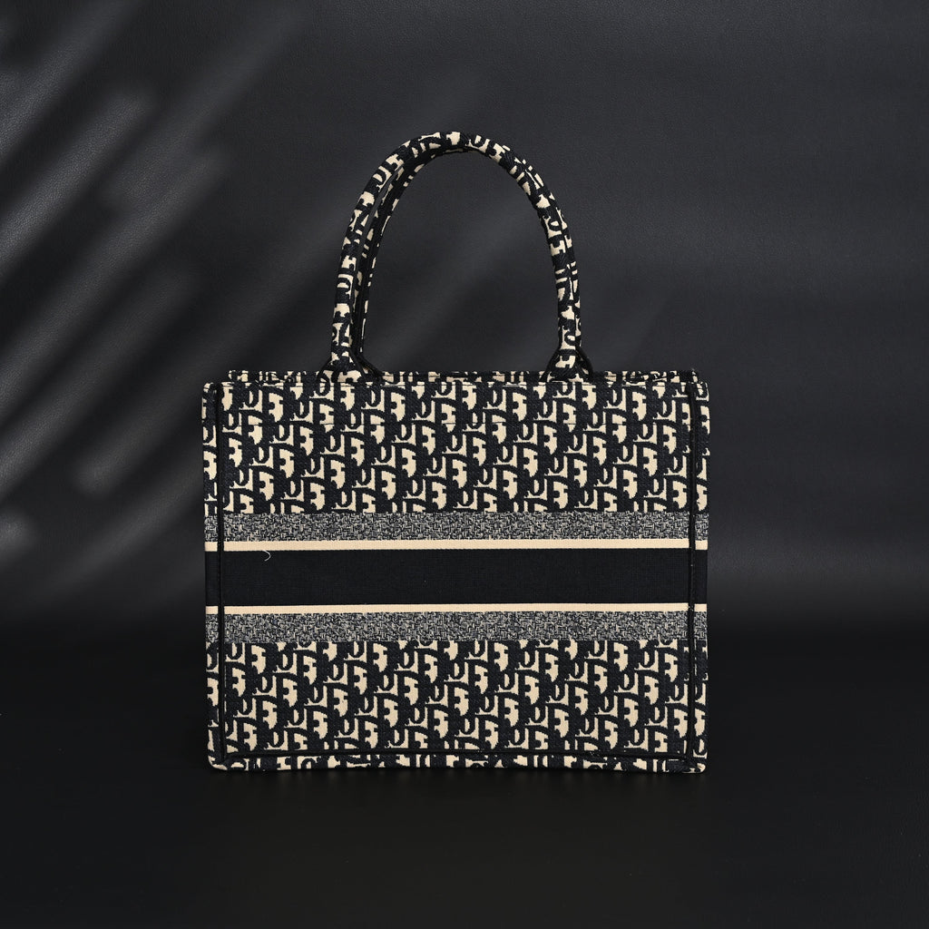 Christian Dior Medium Book Tote – Black Oblique Embroidery - Black with Beige Contrast