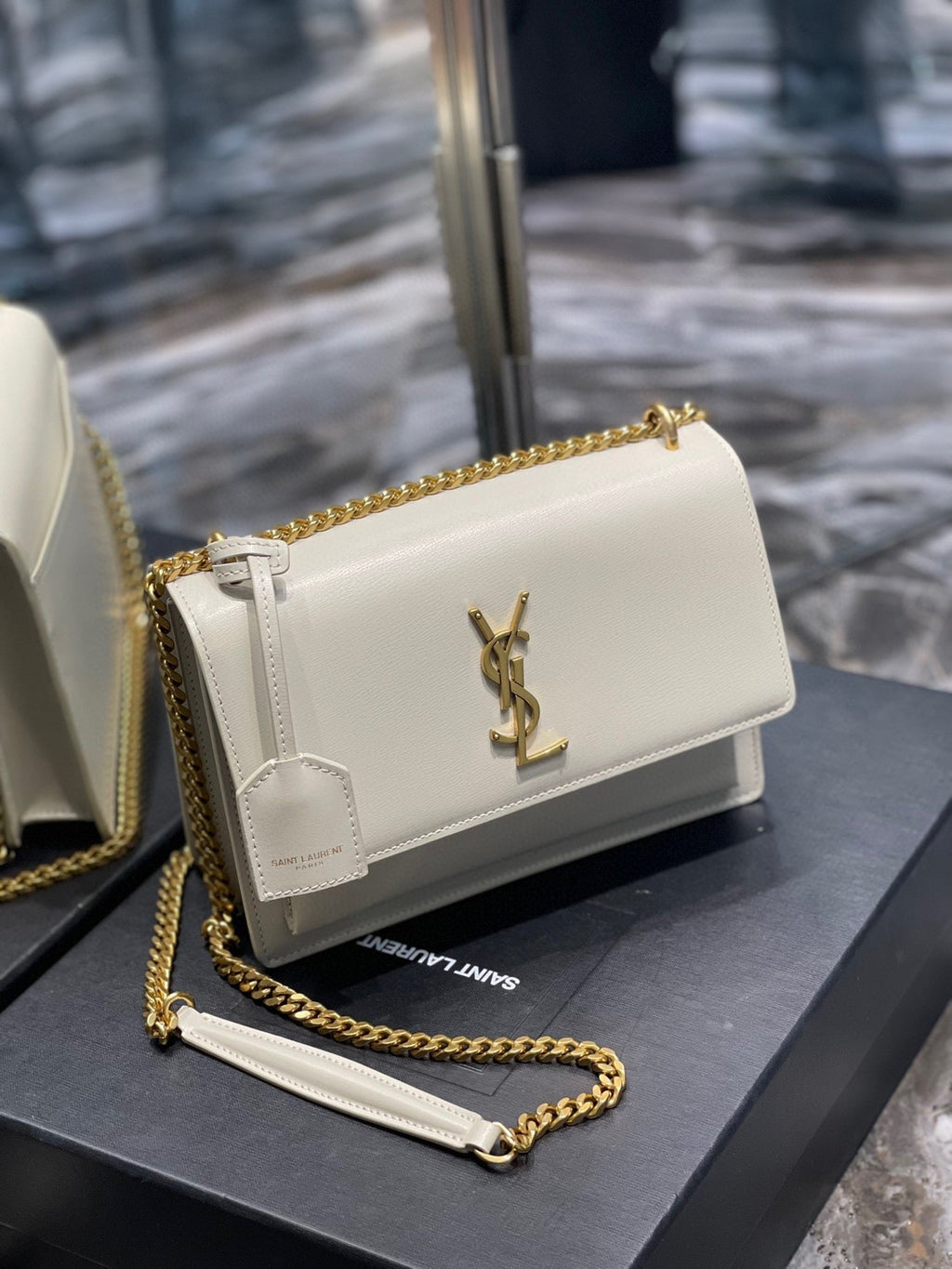 YSL Medium Sunset Bag 22 White Lambskin Gold Tone