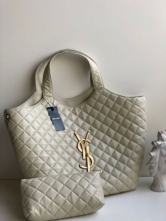 Saint Laurent Icare Extra Large Embellished Quilted Leather Tote Handbag - White