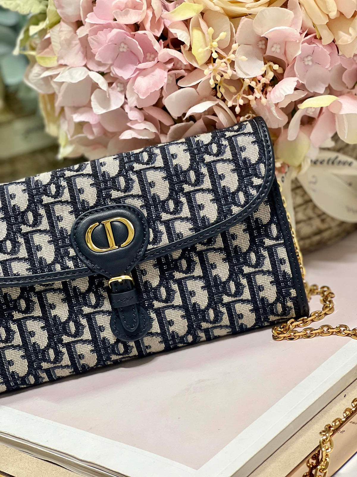 Dior Bobby Wallet On Chain East West Blue Oblique Jacquard