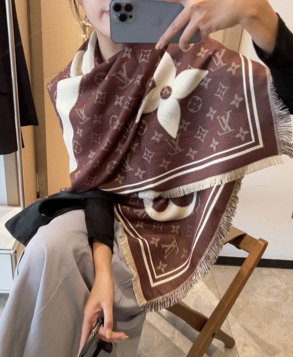 Louis Vuitton Monogram Fringe Square Scarf — model