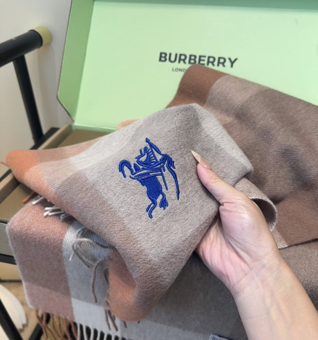 Burberry Taupe Plaid Fringed Scarf — detail