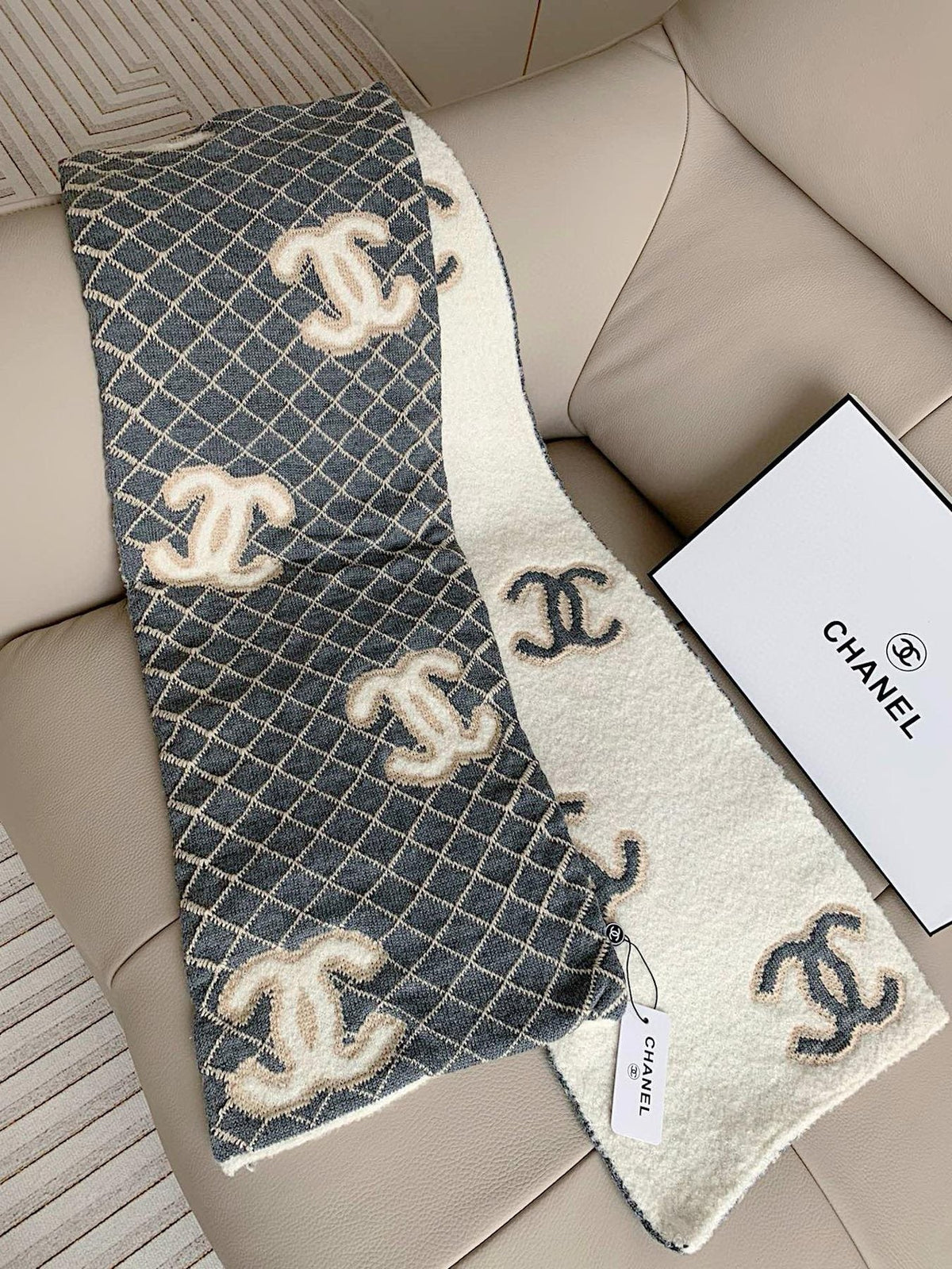 Chanel Gray & Ivory Diamond-Pattern Scarf — front