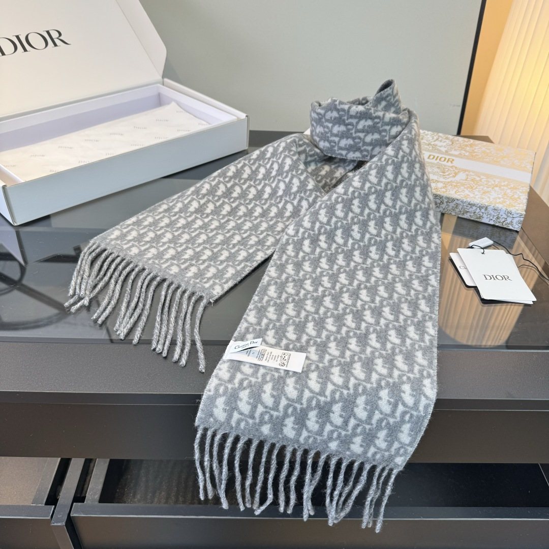Dior Gray & Ivory Fringed Scarf — side